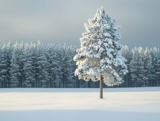 A solitary snow-covered tree stands amidst a serene winter landscape, surrounded by a dense forest of frosted trees under a cloudy sky.