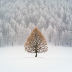 A solitary tree stands in a snowy landscape, surrounded by a backdrop of frosted evergreens, creating a serene winter wonderland.