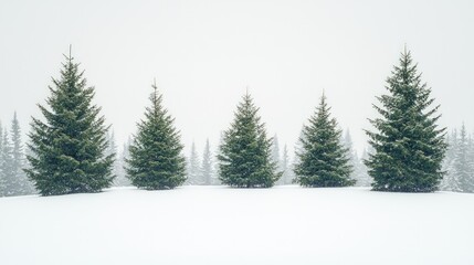 Obraz premium A serene winter scene featuring snow-covered trees under a light snowfall, creating a tranquil and ethereal atmosphere.