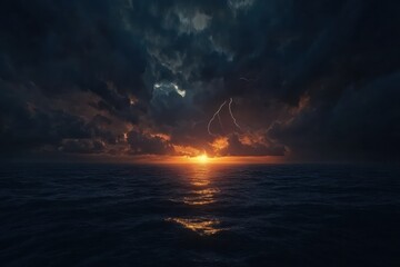 Dramatic Sunset with Lightning Over Ocean Waves