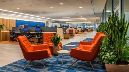 Fototapeta premium Contemporary office design with collaborative seating and decor