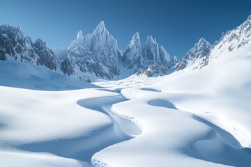 A serene winter landscape featuring majestic snow-covered peaks and gentle curves of snow, evoking tranquility and natural beauty.