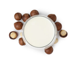 Glass of macadamia milk and nuts isolated on white, top view