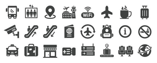 Public navigation glyph solid icons collection. Containing place, sign, airport, shop, transportation, public place etc icons. For website marketing design, logo, app, template, ui, etc. Vector illust