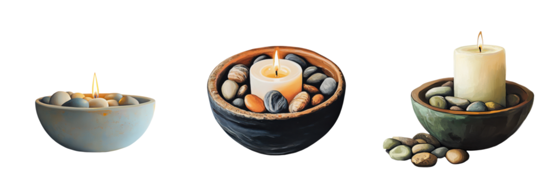 Relaxing spa like atmosphere created with a decorative arrangement of burning candles smooth river stones and pebbles  The natural elements and warm lighting evoke a sense of calm serenity