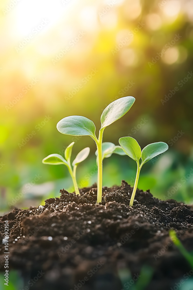 Sticker seedling in the ground. Green sprout in soil. Agriculture and farming concept. seedling cultivation.New life concept.