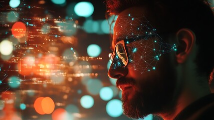 Man using smart technology, with overlay of network icons and data symbols showing a digital connectivity concept