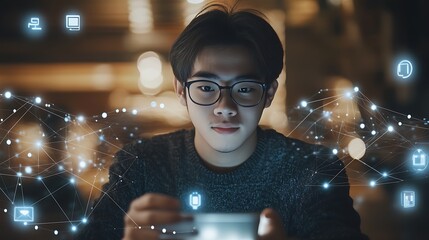 Man using smart technology, with overlay of network icons and data symbols showing a digital connectivity concept