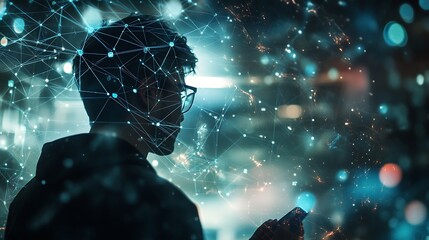 Man using smart technology, with overlay of network icons and data symbols showing a digital connectivity concept