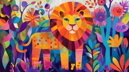 Fototapeta premium 2D graphic illustration of a colorful lion standing majestically in a lush forest