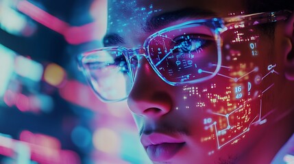 Technology-inspired close-up of a man using smart devices, with overlay of connectivity lines and digital data icons