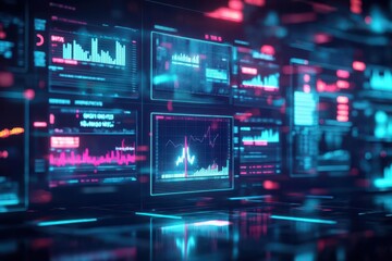 Fototapeta premium Futuristic mortgage comparison display, multiple holographic screens showing rates, neon tech environment, dark and hightech style