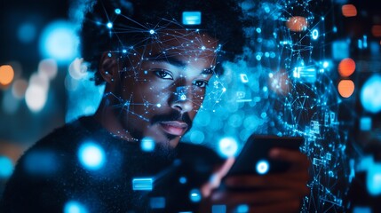 Close-up of a man holding a smart device, surrounded by virtual network symbols and digital data icons