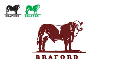 great braford cattle standing logo, silhouette of strong bull vector illustrations