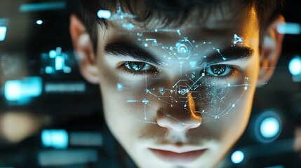 Close-up of a man with smart tools, digital icons, and network symbols, representing global connectivity