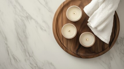 White spa elements on a wooden plate with candles and a white towel on a marble table