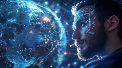 Close-up shot of a man working with a tablet, with digital icons and global connectivity overlay indicating a tech network