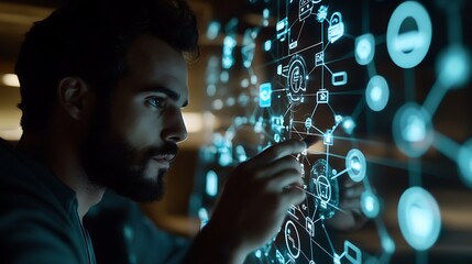 High-tech close-up of a man interacting with smart tools, with a network of digital icons symbolizing global connectivity