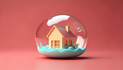 A whimsical miniature house encased in a glass dome, surrounded by blue waves, set against a soft pink background.