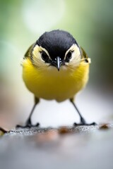 Naklejka premium A small yellow and black bird standing on the ground
