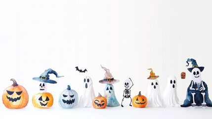 Fototapeta premium Aesthetic halloween watercolor mockup with pumpkins, ghosts, skeletons, pastel light colors and backdrop. Generative AI