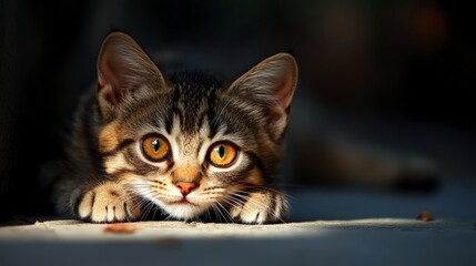 A Close-up of a Tabby Kitten's Face with Large Eyes, Looking Upwards, Caught in a Ray of Light.