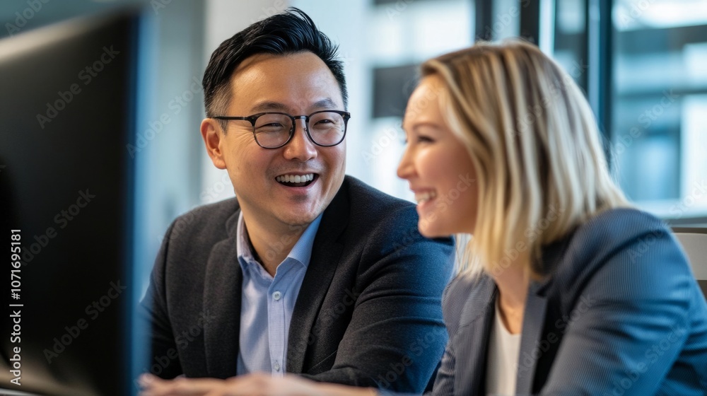 Poster a man and a woman are smiling at a computer monitor