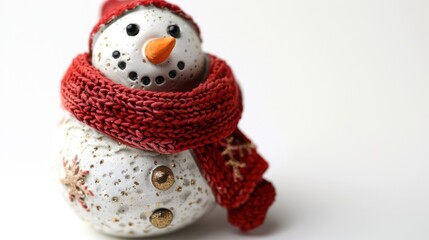 Fototapeta premium Snowman figurine with a red scarf, isolated on white