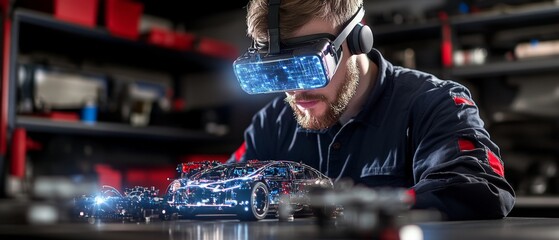 Mechanic in virtual reality goggles working on a virtual car highlighting the integration of technology in automotive repair promoting advanced skills and modern techniques in a high-tech environment