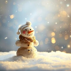 Fototapeta premium Cute Happy Snowman Christmas Winter Background Snow Blurred Bokeh New Year Greeting Gift Card