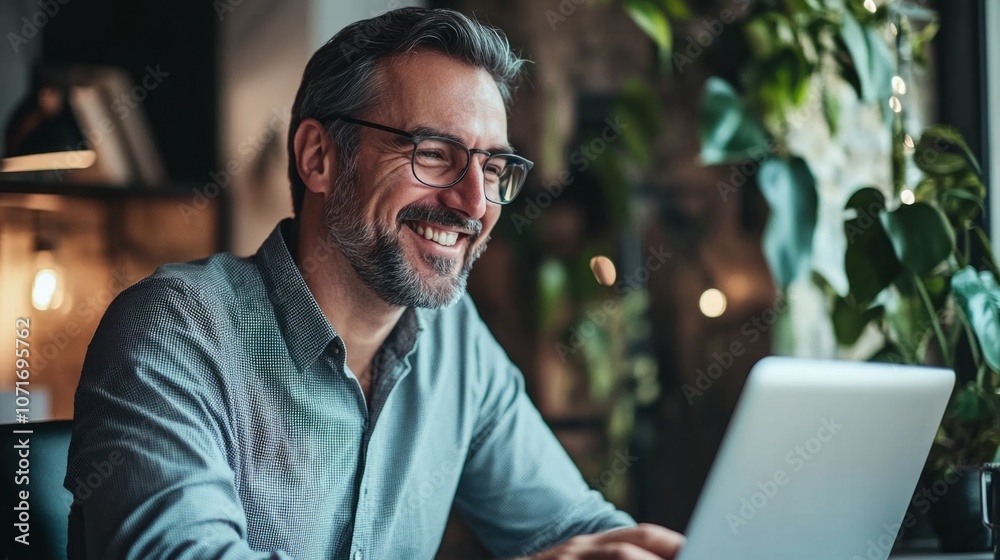 Leinwandbilder a man is smiling and using a laptop computer