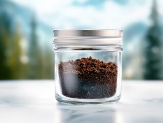 A glass jar filled with ground coffee sitting on top of a table