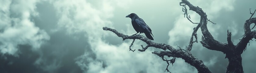 Fototapeta premium Solitary raven perched on a barren tree branch.