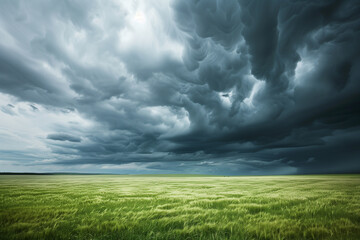 A dramatic stormy sky with dark, ominous clouds rolling in, thick with moisture and ready to unleash a powerful rainstorm over an open field.