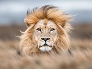 Fototapeta premium A close up of a lion laying in the grass
