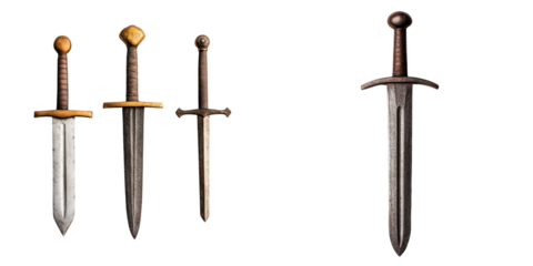 Assorted medieval swords and dagger in various designs and materials such as steel iron and bronze displayed on a white background These weapons evoke a sense of history fantasy and adventure