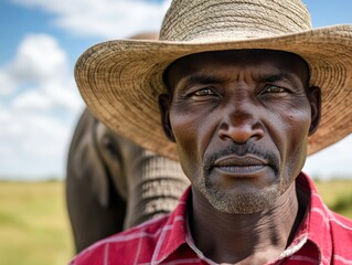 Fototapeta premium A man wearing a straw hat standing in front of an elephant