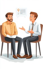 Obraz premium Two men engage in a discussion, seated in chairs, conveying ideas and sharing insights, with notes or a document above them.