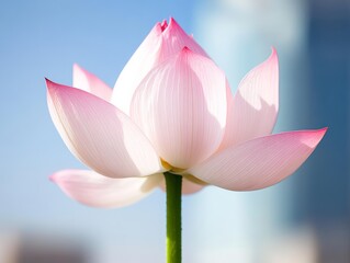 A pink lotus flower with a blue sky in the background