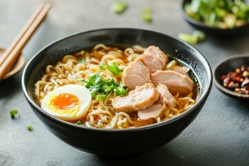 A bowl of ramen noodles with pork and egg. Sto