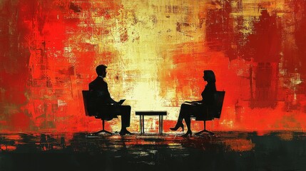 Silhouettes of two people sitting in chairs across from each other, set against a vibrant red and gold backdrop, suggesting a conversation or dialogue.