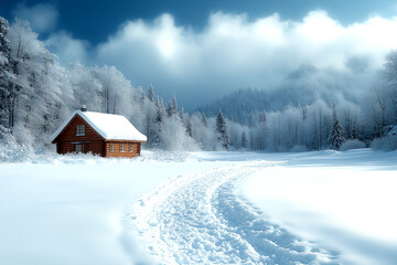 A cabin in the woods is surrounded by snow. The cabin is small and wooden, and it is the only building in the area. The snow-covered landscape creates a peaceful and serene atmosphere