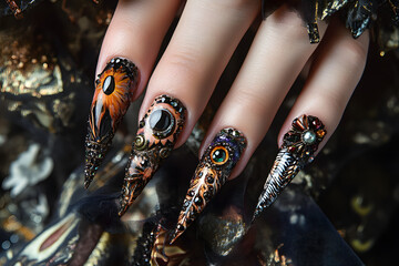 Extravagant nail art with striking black and gold accents, adorned with jewel embellishments, intricate patterns, and a dramatic touch for glamorous and luxurious style
