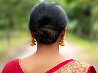 A woman in a red and gold sari with her back to the camera