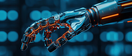 A futuristic robotic hand with intricate details and glowing accents reaching out, set against a blue, high-tech background.