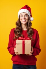 Half-body shot of a pretty cheerful lady wearing a cozy christmas sweater and a christmas hat, holding a gift box in front of her. isolated on yellow background