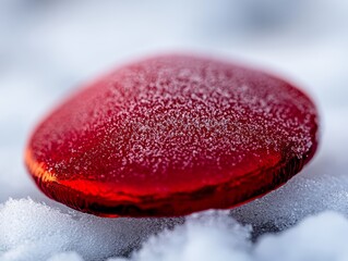 A red button sitting on top of snow covered ground