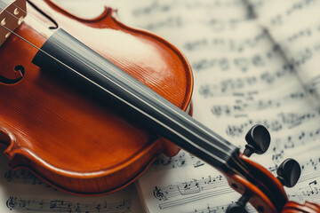 Naklejka premium Close-up of a violin resting on a sheet of music. Generative AI
