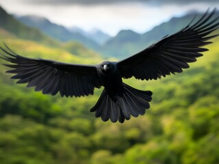 Naklejka premium A black bird flying over a lush green forest