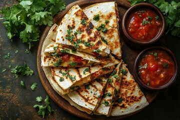 A Overhead 90 shot of Mexican quesadillas with